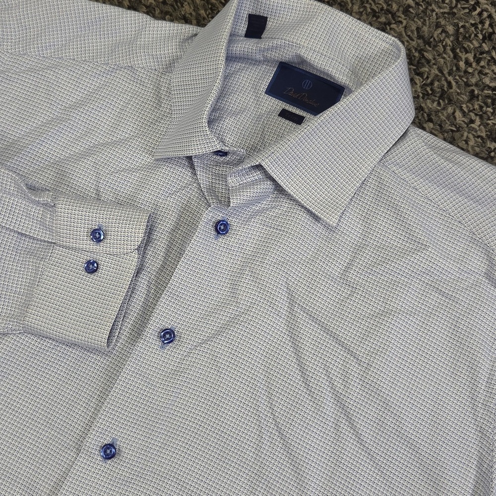 David Donahue Dress Shirt 17.5 36/37 Trim Blue Textured Cotton Long Sleeve
